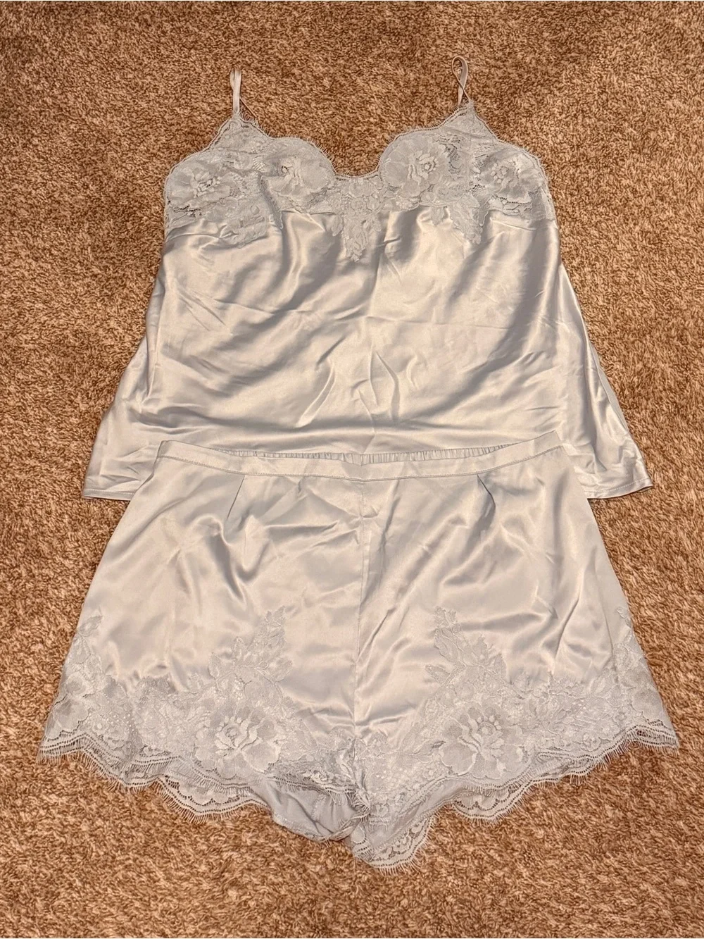 Homebodii - Lace Trim Satin Cami Short Set - Eggshell